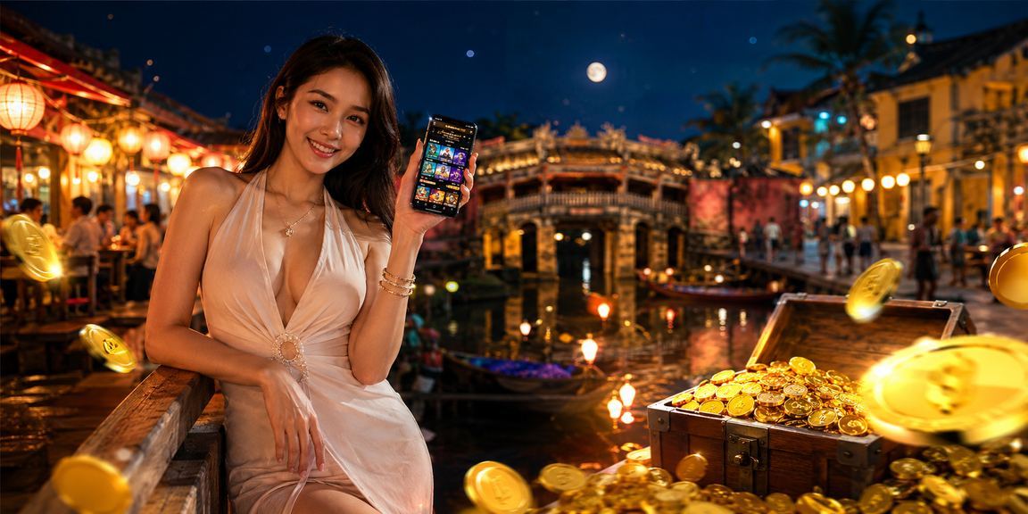 Người dùng tại chợ đêm Hội An xem tài khoản trên điện thoại